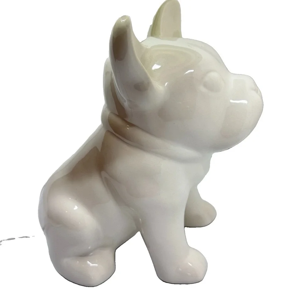 French Bulldog Table Lamp White Ceramic Dog Blue White Striped Shade 15
